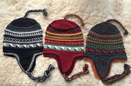 Reversible Alpaca Chullo Hat - Black & Burgundy Tones, photo 3