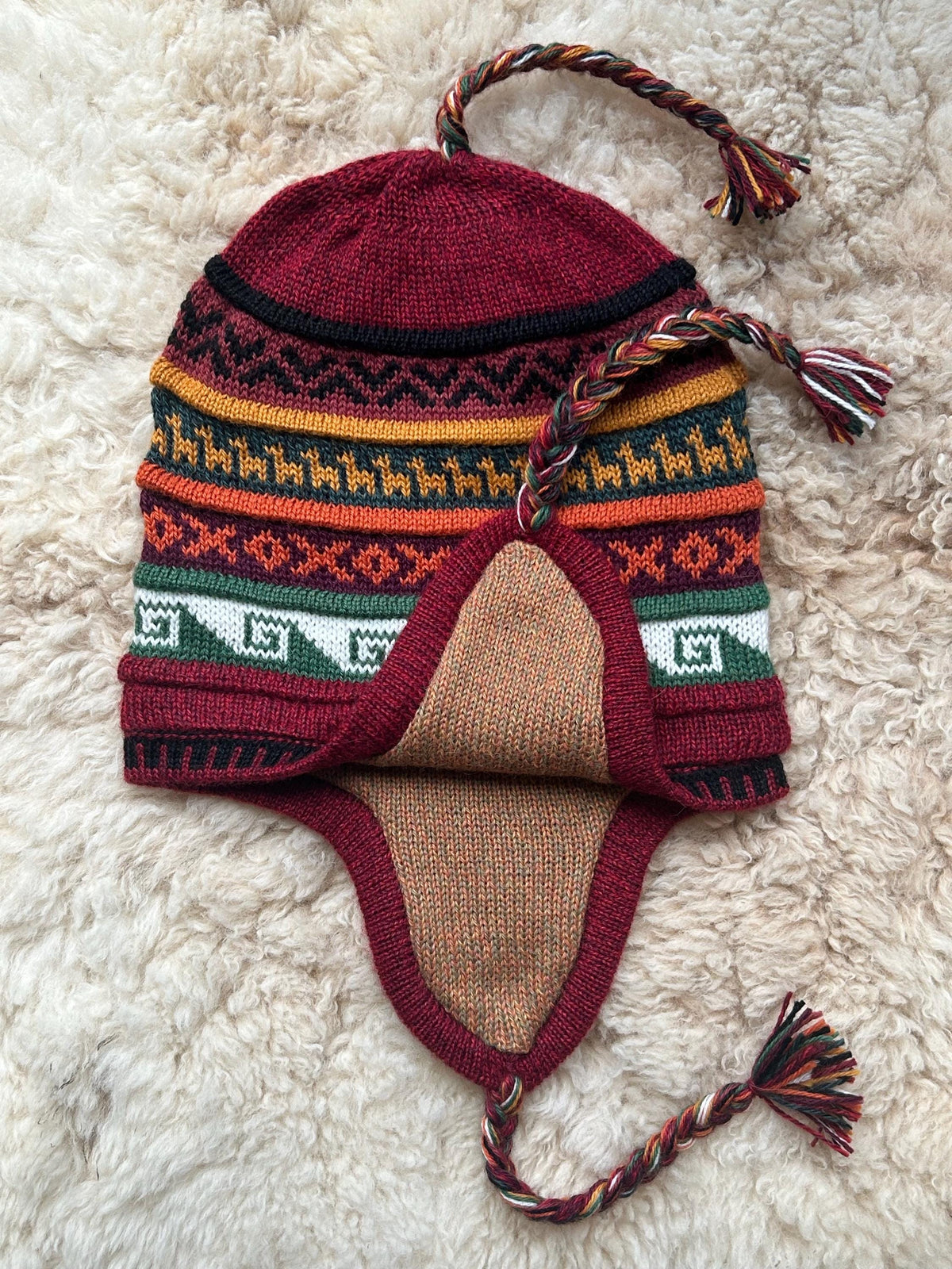 Reversible Alpaca Chullo Hat - Black & Burgundy Tones, photo 5