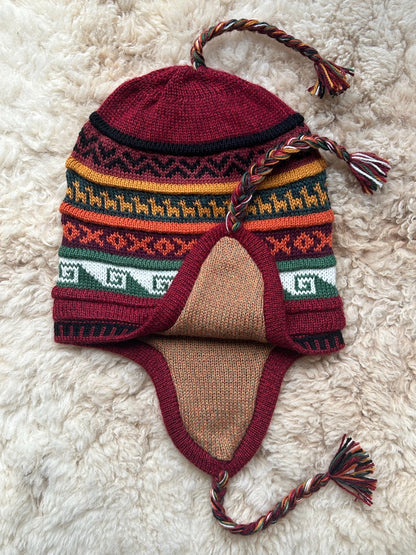 Reversible Alpaca Chullo Hat - Black & Burgundy Tones, photo 5