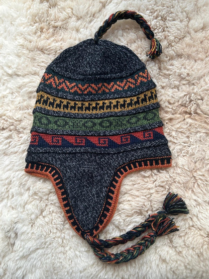 Reversible Alpaca Chullo Hat - Black & Burgundy Tones, photo 6