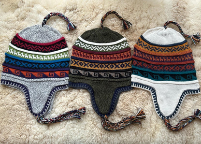 Reversible Alpaca Chullo Hat - Grey, Olive & Cream, photo 3