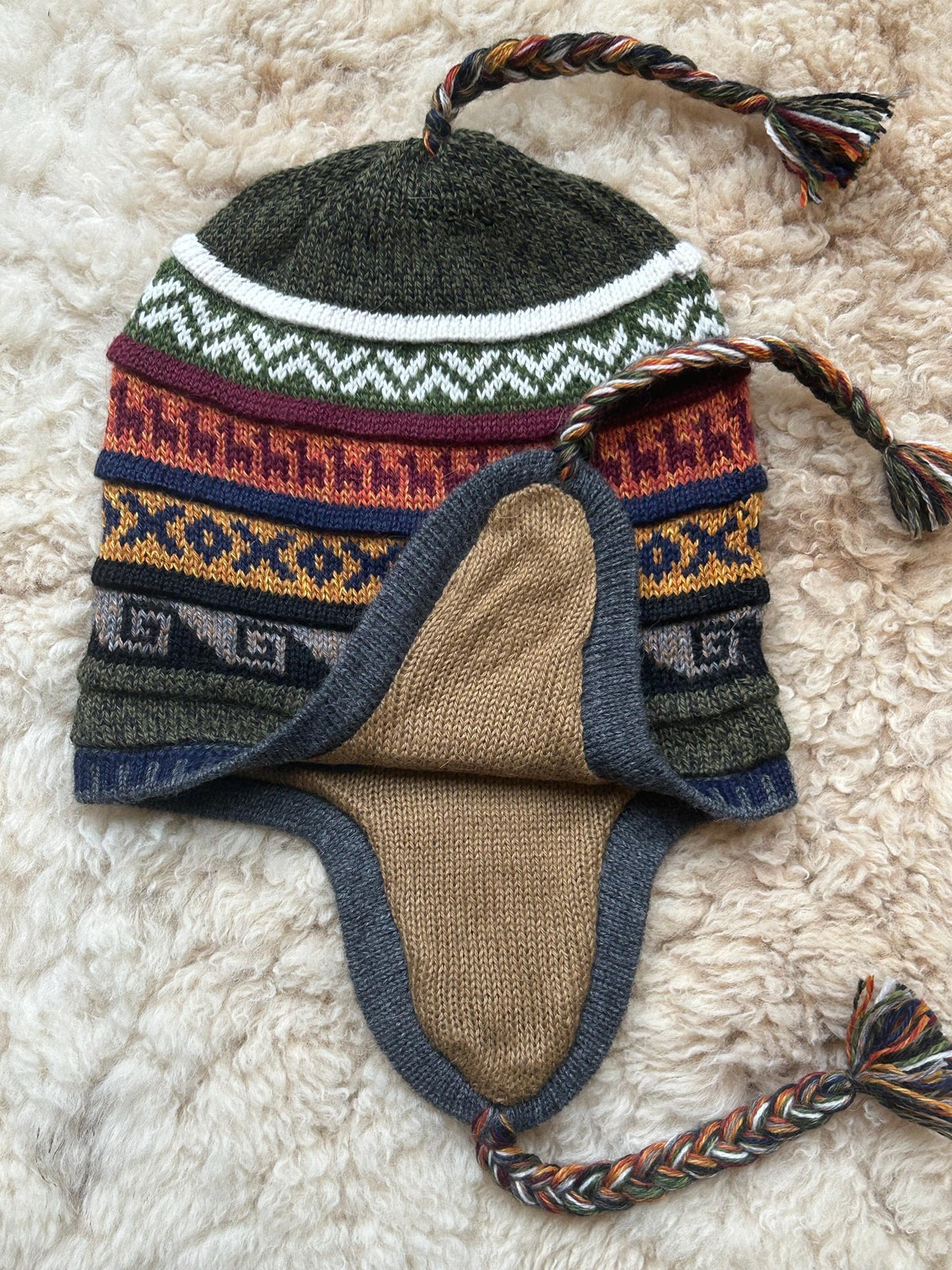 Reversible Alpaca Chullo Hat - Grey, Olive & Cream, photo 5
