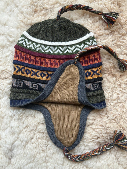 Reversible Alpaca Chullo Hat - Grey, Olive & Cream, photo 5