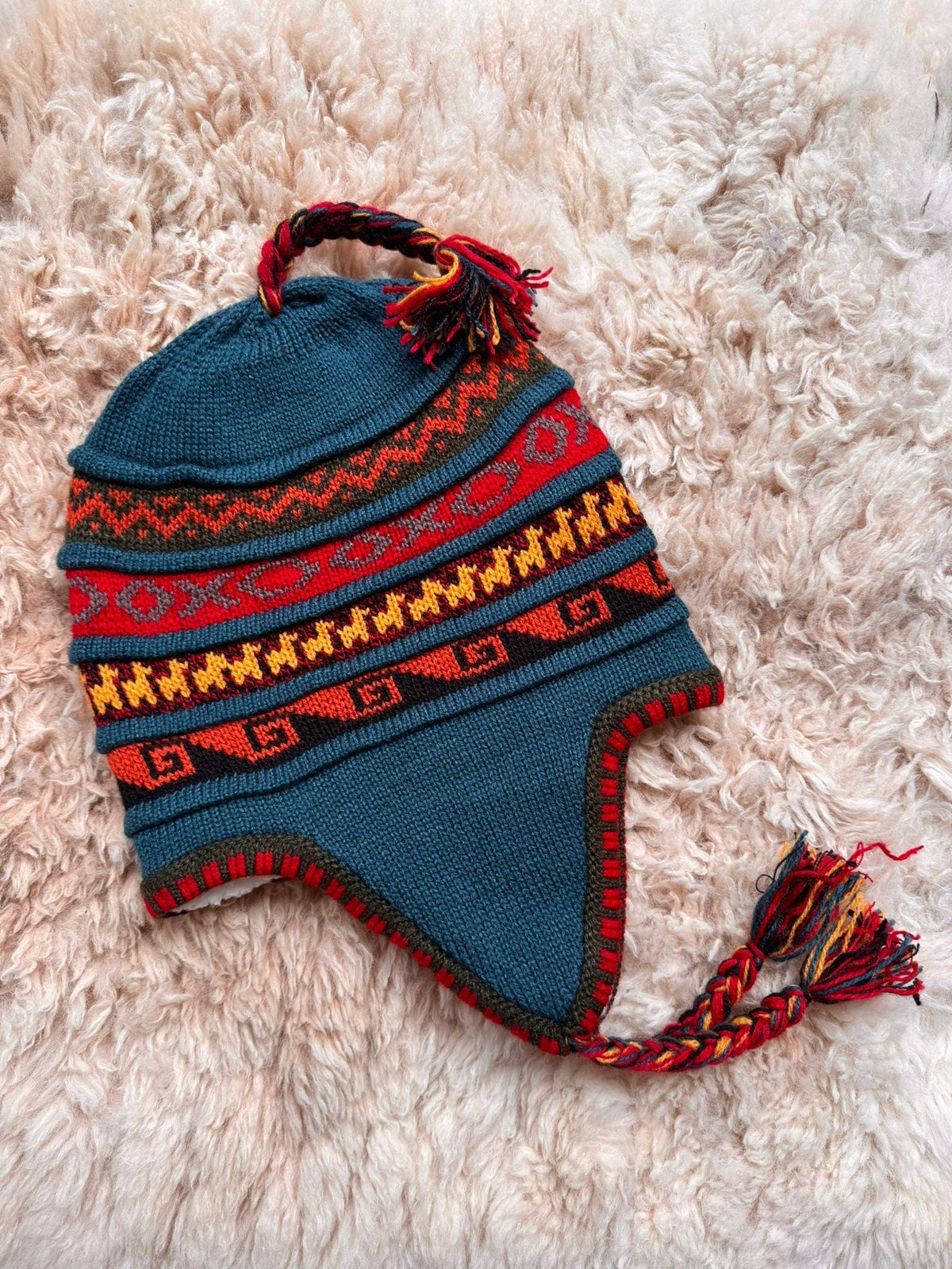 Teal Fleece-Lined Alpaca Chullo Hat
