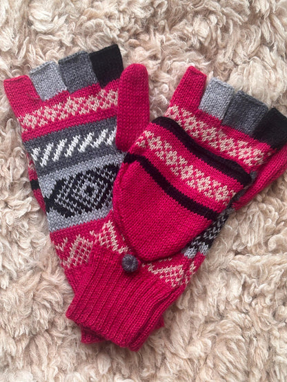 Navy & Raspberry Greek Key Convertible Alpaca Mittens, photo 4