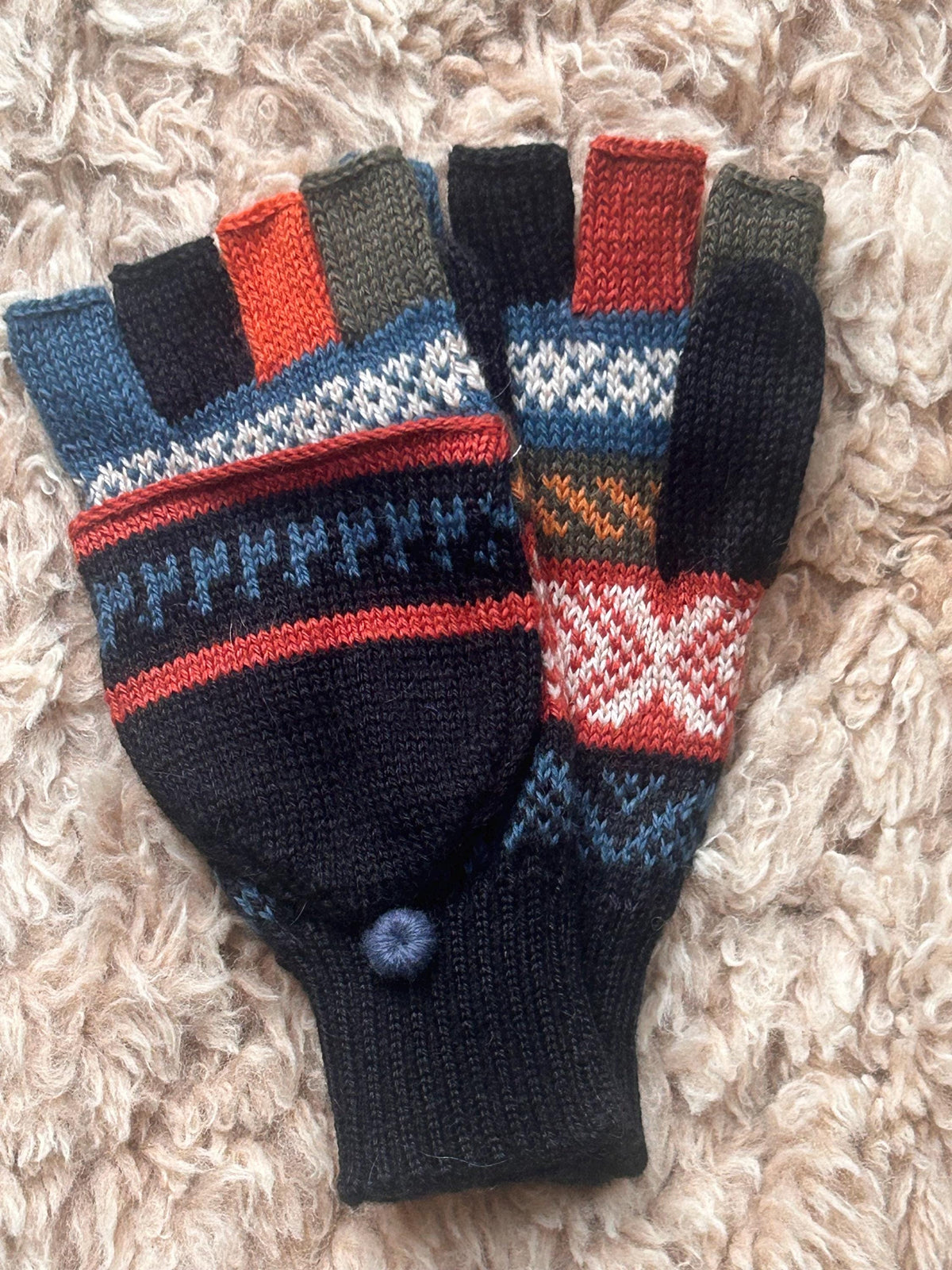 Black & Navy Fair Isle Convertible Alpaca Mittens