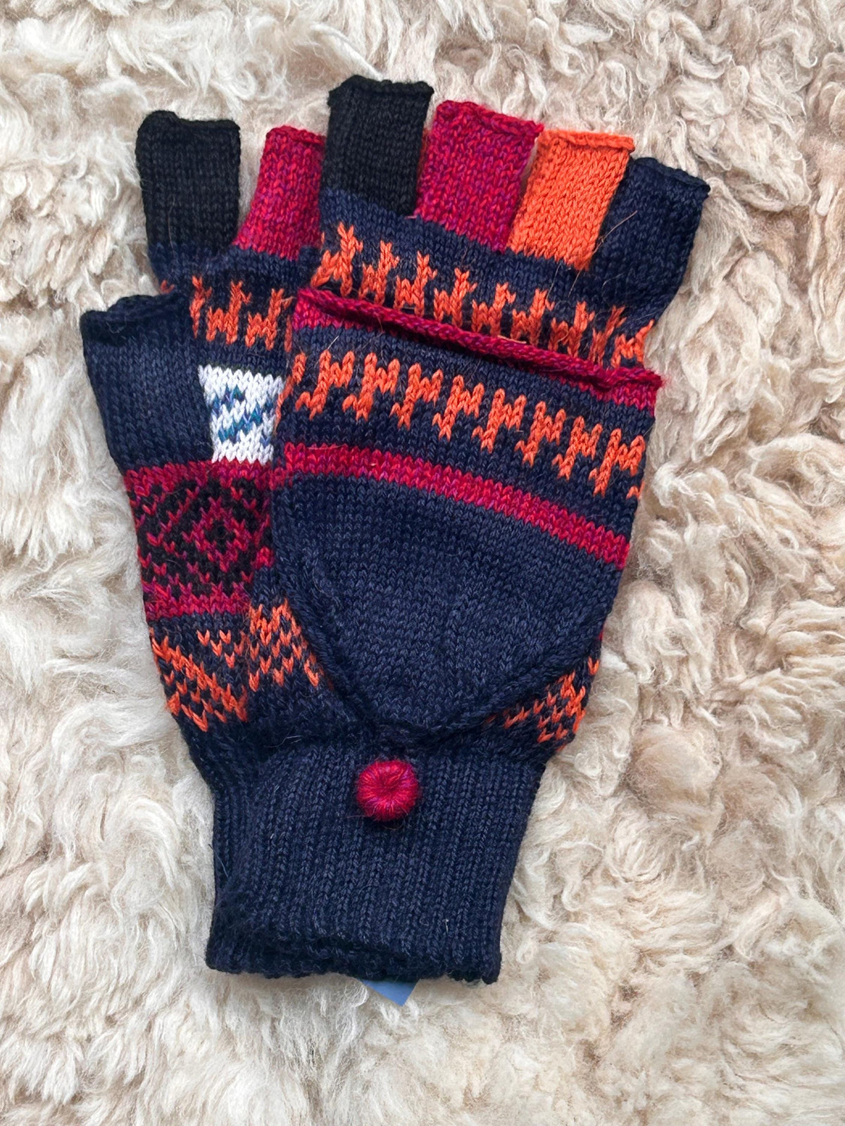 Burgundy & Charcoal Llama Half-Thumb Convertible Alpaca Mittens, photo 4
