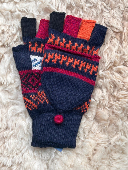 Burgundy & Charcoal Llama Half-Thumb Convertible Alpaca Mittens, photo 4