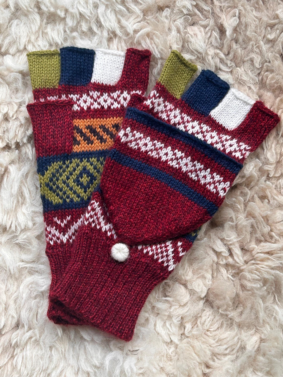 Burgundy & Charcoal Llama Half-Thumb Convertible Alpaca Mittens