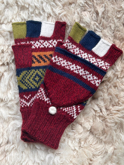 Burgundy & Charcoal Llama Half-Thumb Convertible Alpaca Mittens