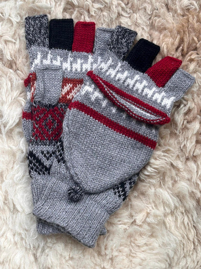 Burgundy & Charcoal Llama Half-Thumb Convertible Alpaca Mittens, photo 6