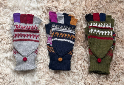 Olive & Navy Llama Half-Thumb Convertible Alpaca Mittens, photo 2
