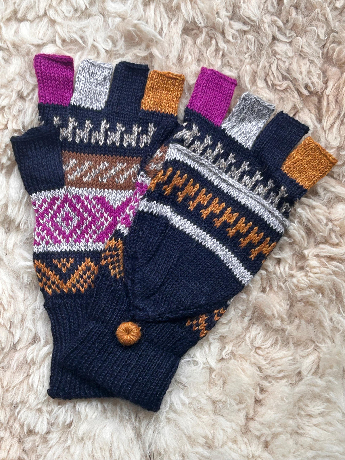 Olive & Navy Llama Half-Thumb Convertible Alpaca Mittens, photo 4