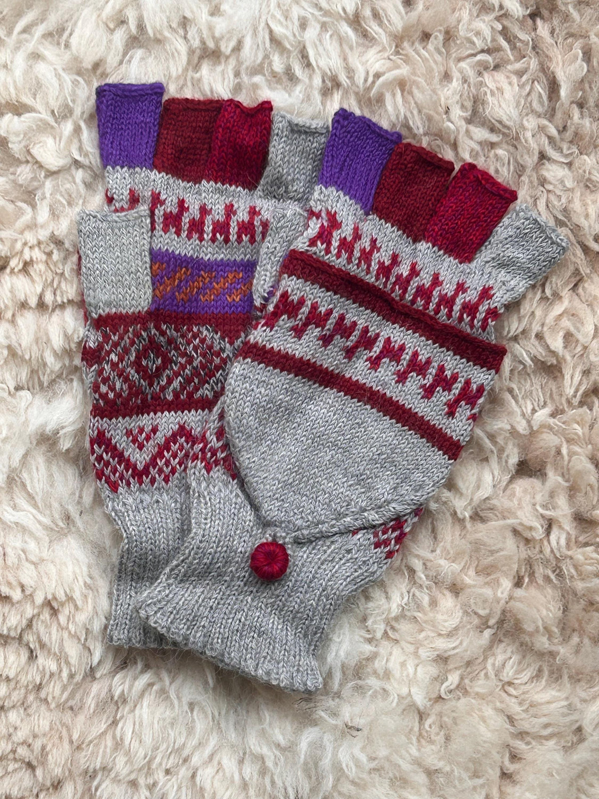 Olive & Navy Llama Half-Thumb Convertible Alpaca Mittens, photo 3