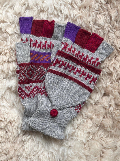 Olive & Navy Llama Half-Thumb Convertible Alpaca Mittens, photo 3