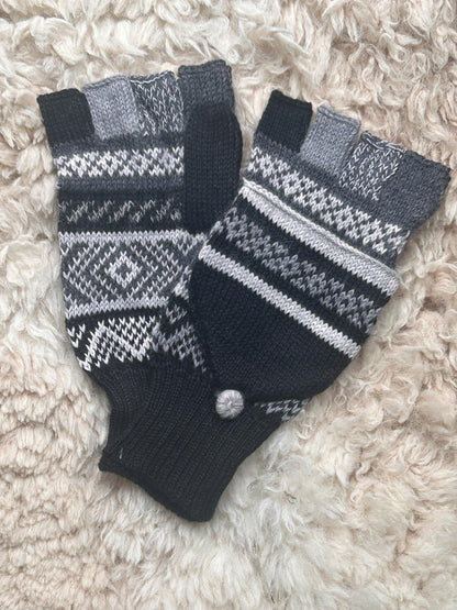 Black & Raspberry Fair Isle Convertible Alpaca Mittens