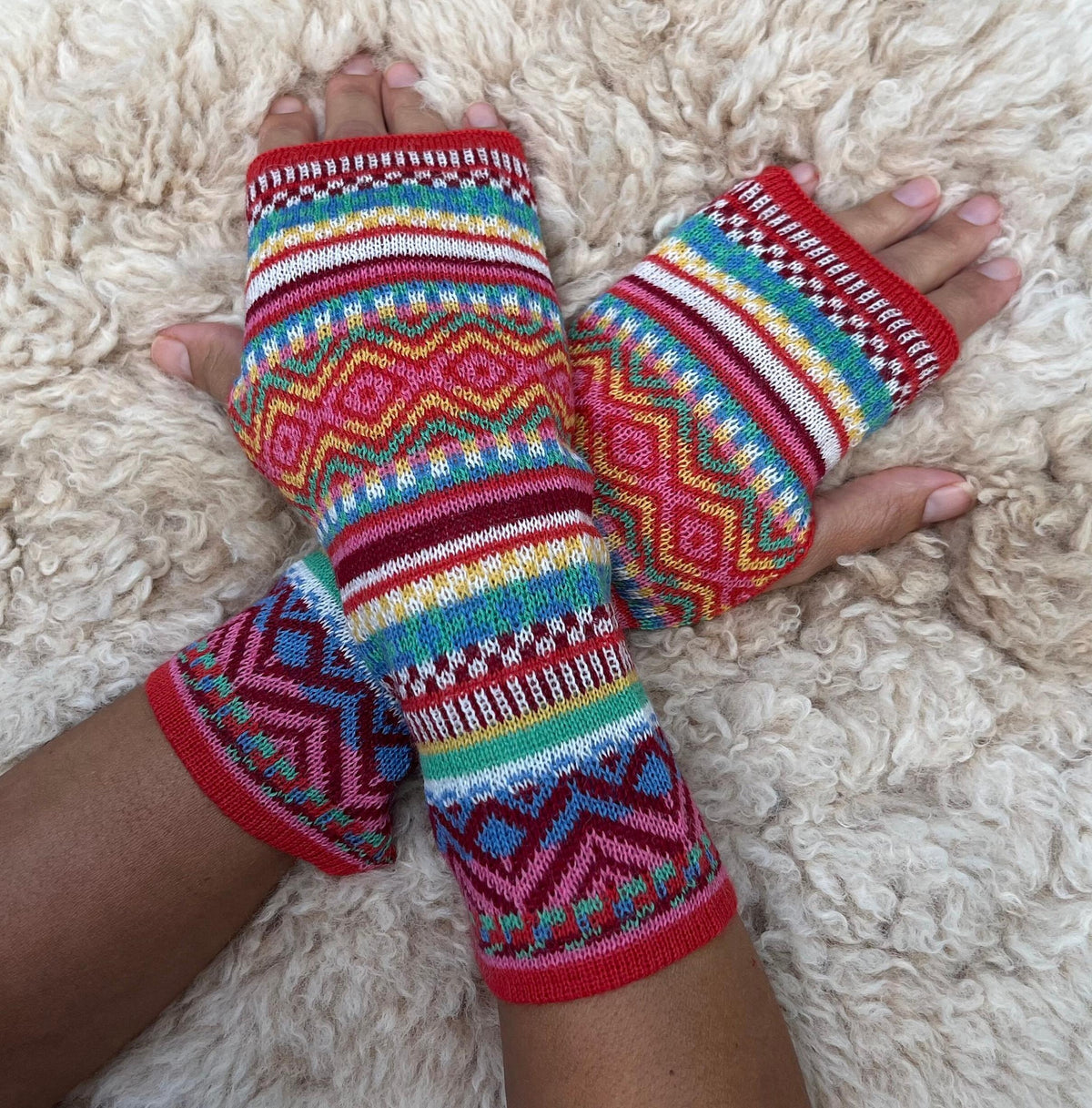 Red Rainbow Fair Isle Baby Alpaca Fingerless Gloves, photo 3