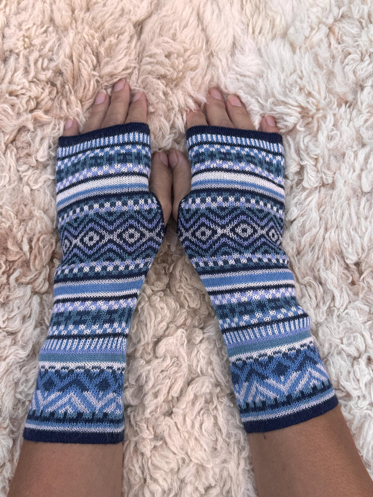 Navy & Powder Blue Fair Isle Baby Alpaca Fingerless Gloves