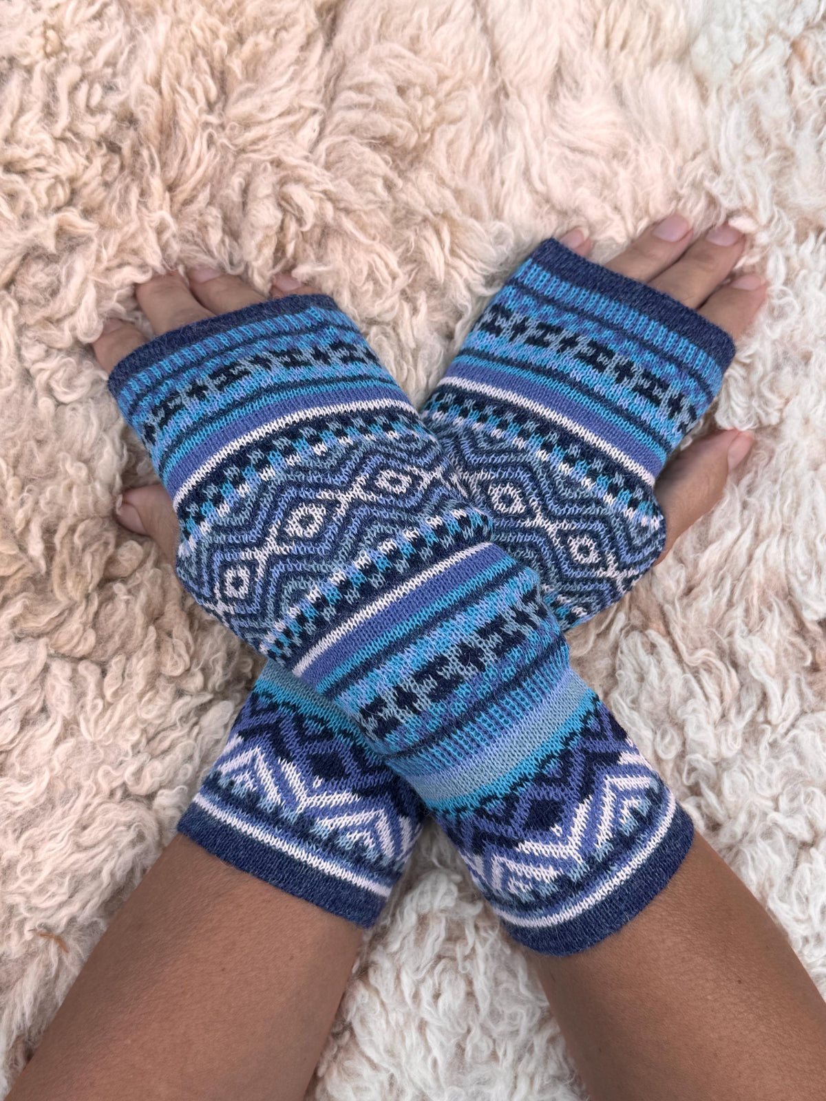 Sky Blue Fair Isle Baby Alpaca Fingerless Gloves, photo 2