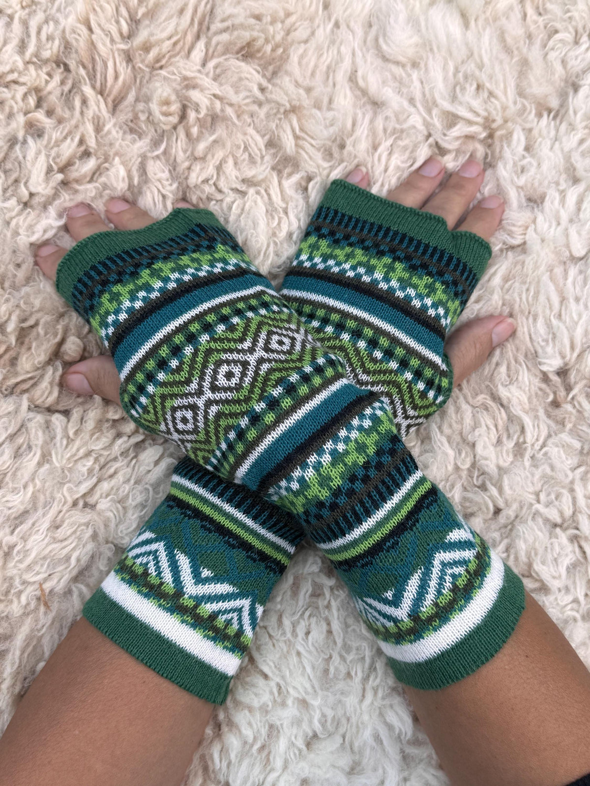 Forest Green Fair Isle Baby Alpaca Fingerless Gloves, photo 6
