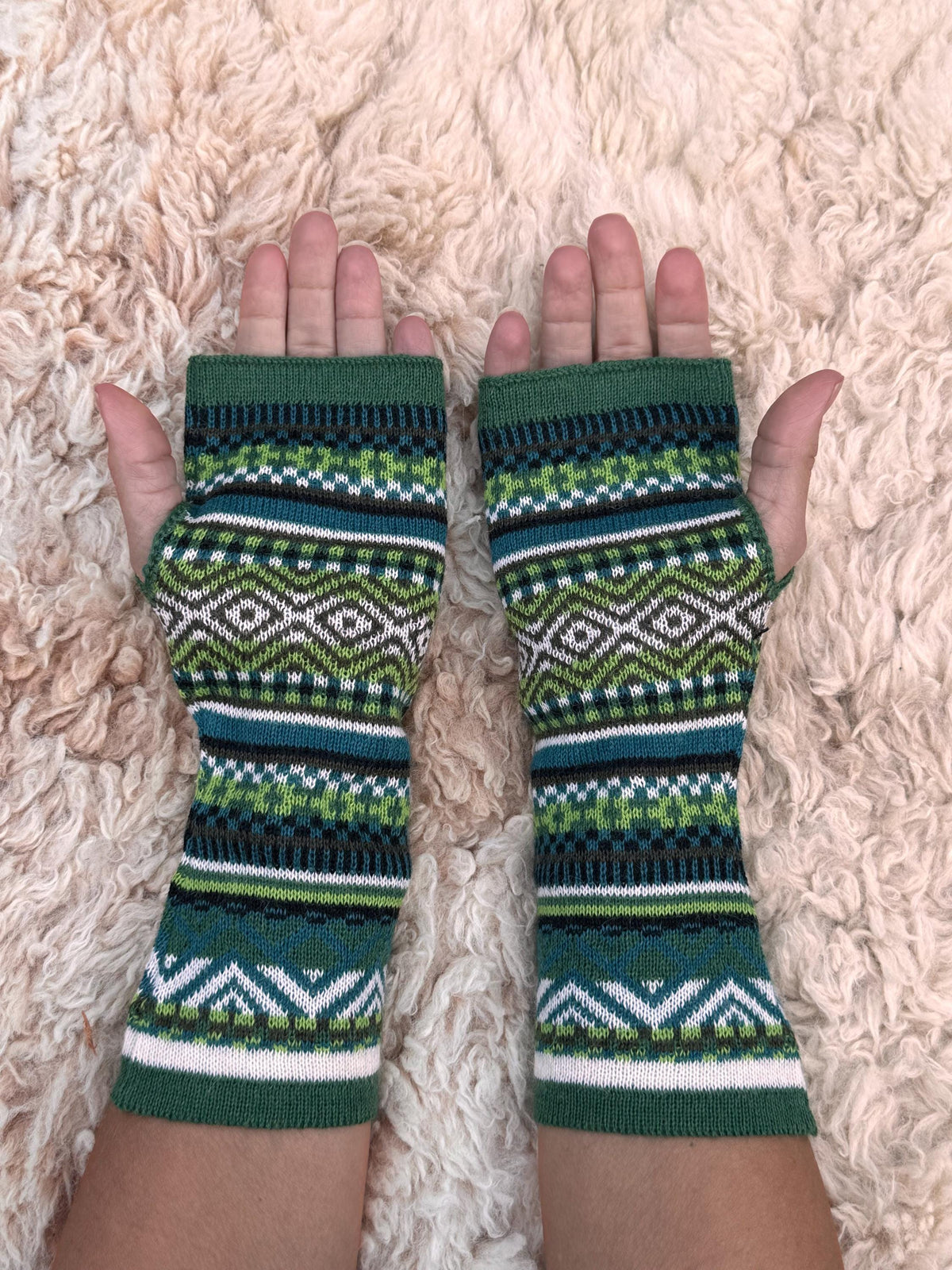 Forest Green Fair Isle Baby Alpaca Fingerless Gloves, photo 5