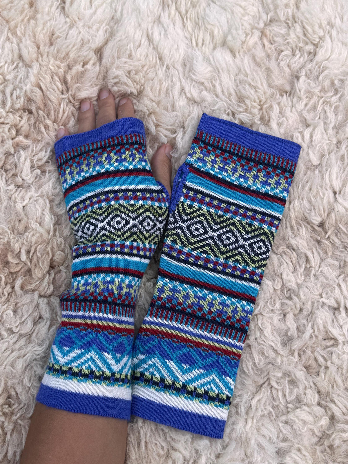 Royal Blue & Turquoise Fair Isle Baby Alpaca Fingerless Gloves, photo 4