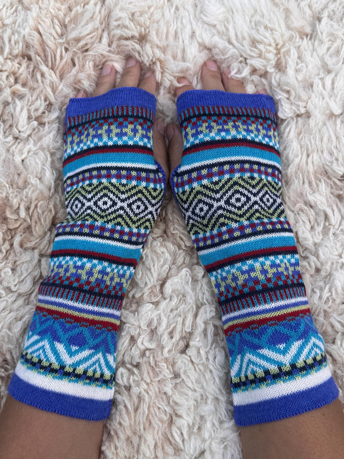 Royal Blue & Turquoise Fair Isle Baby Alpaca Fingerless Gloves
