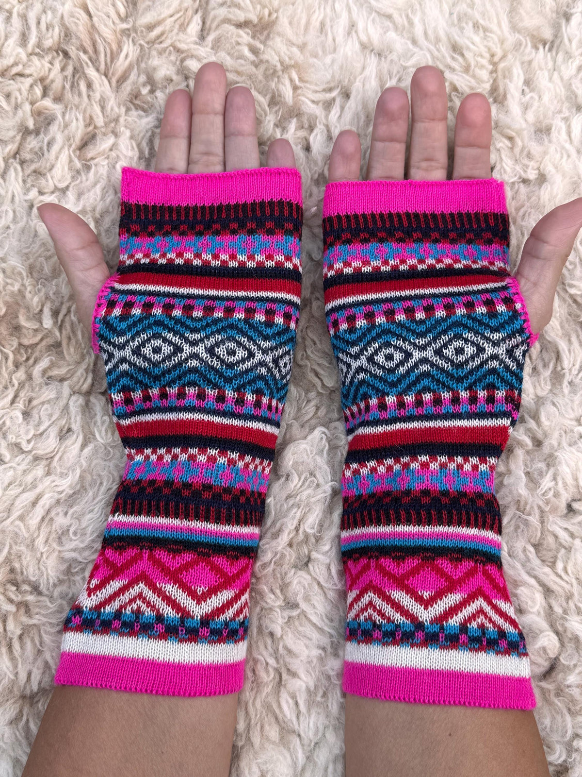 Neon Pink & Teal Fair Isle Baby Alpaca Fingerless Gloves, photo 5