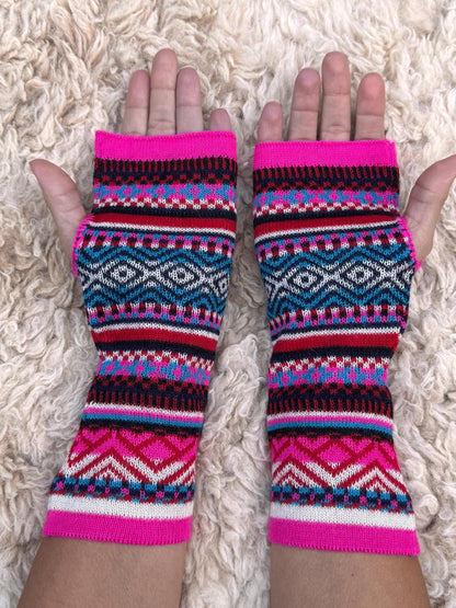 Neon Pink & Teal Fair Isle Baby Alpaca Fingerless Gloves, photo 5