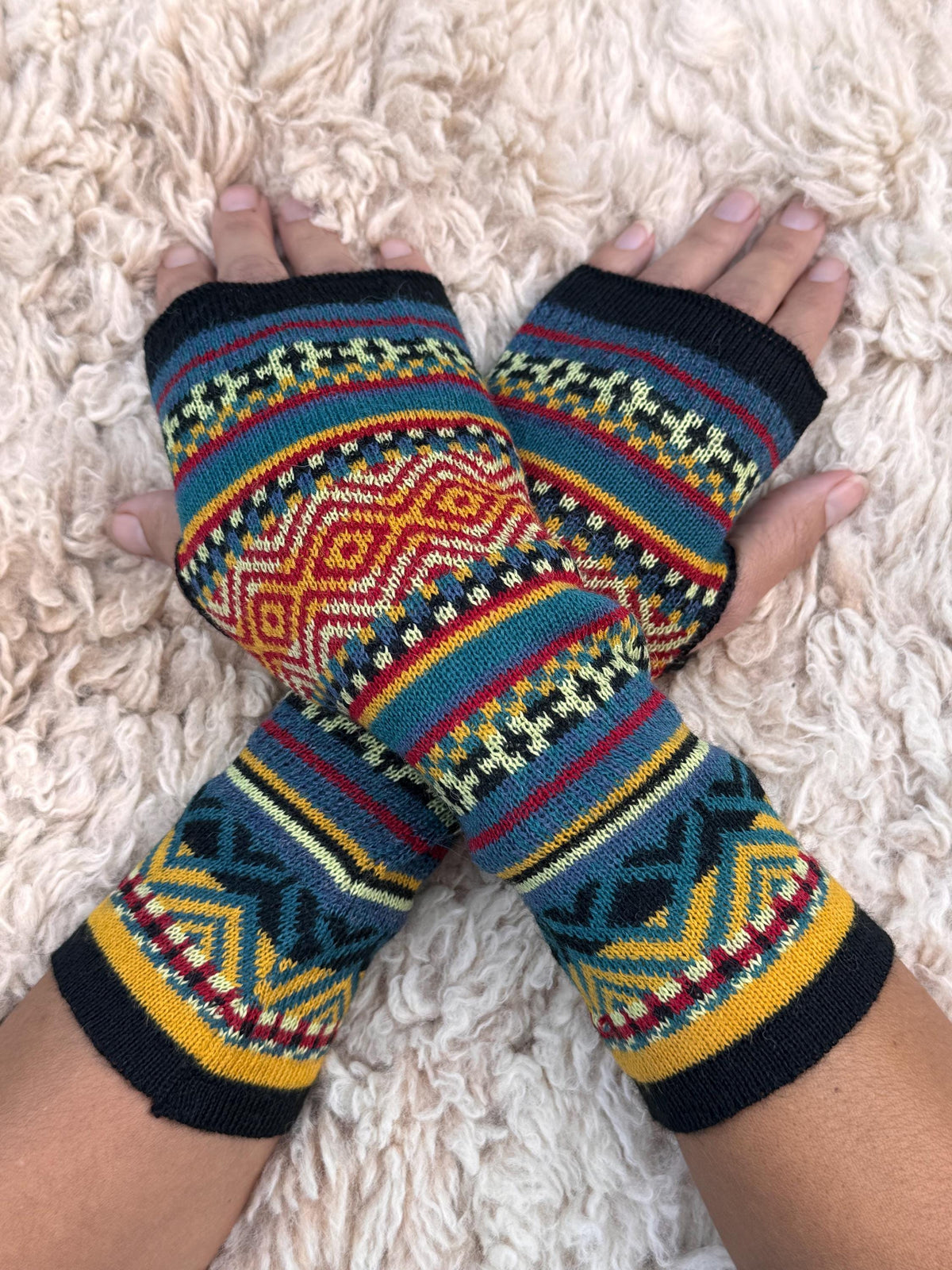 Orange & Teal Fair Isle Baby Alpaca Fingerless Gloves, photo 7