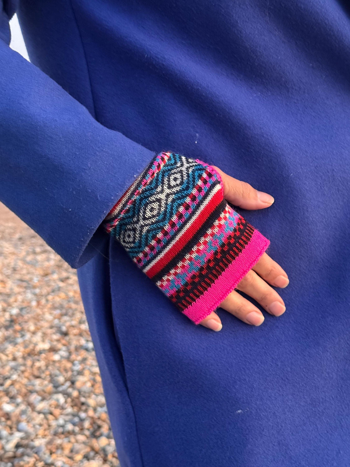 Neon Pink & Teal Fair Isle Baby Alpaca Fingerless Gloves, photo 3
