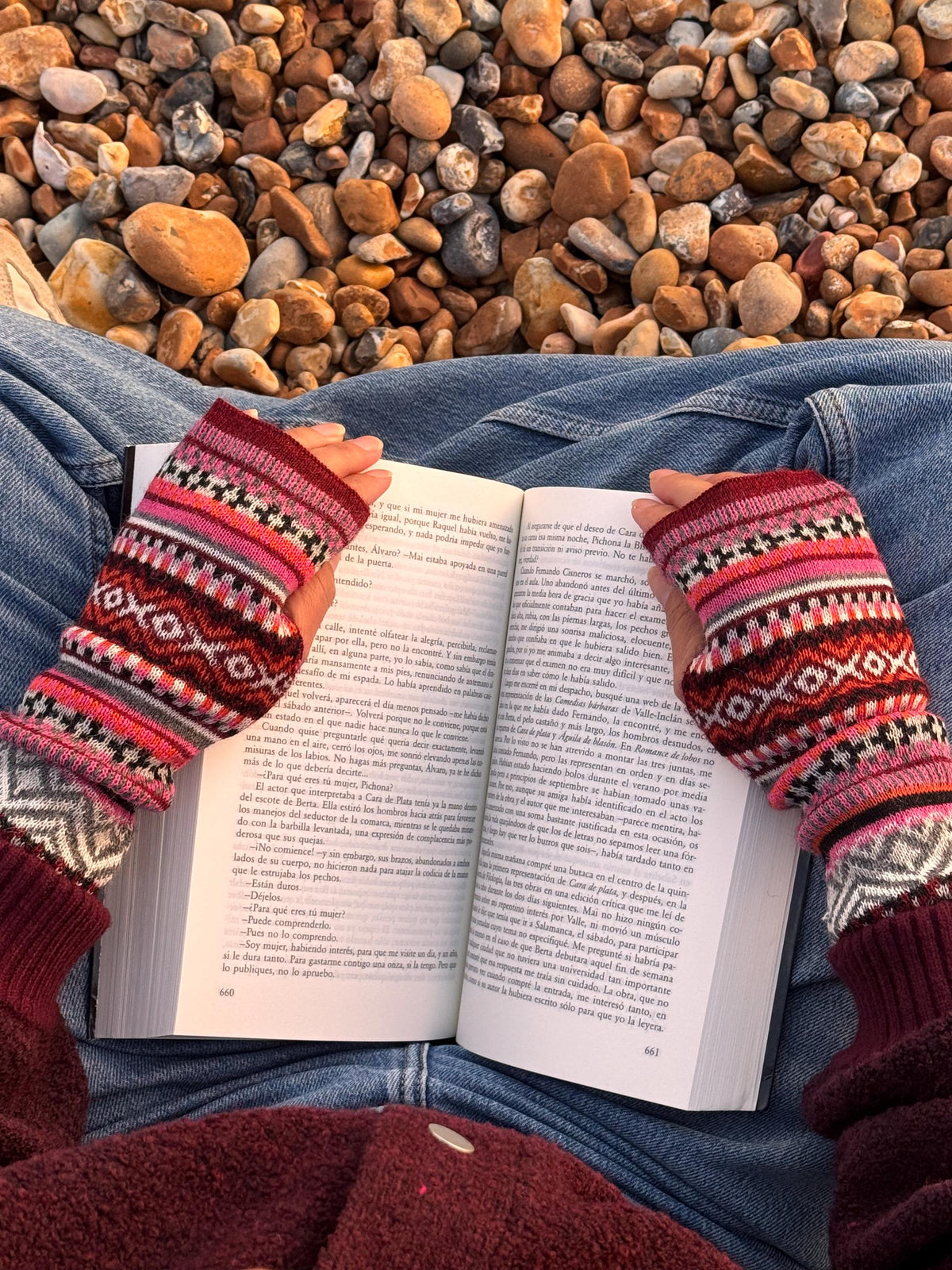 Burgundy & Pink Fair Isle Baby Alpaca Fingerless Gloves, photo 3