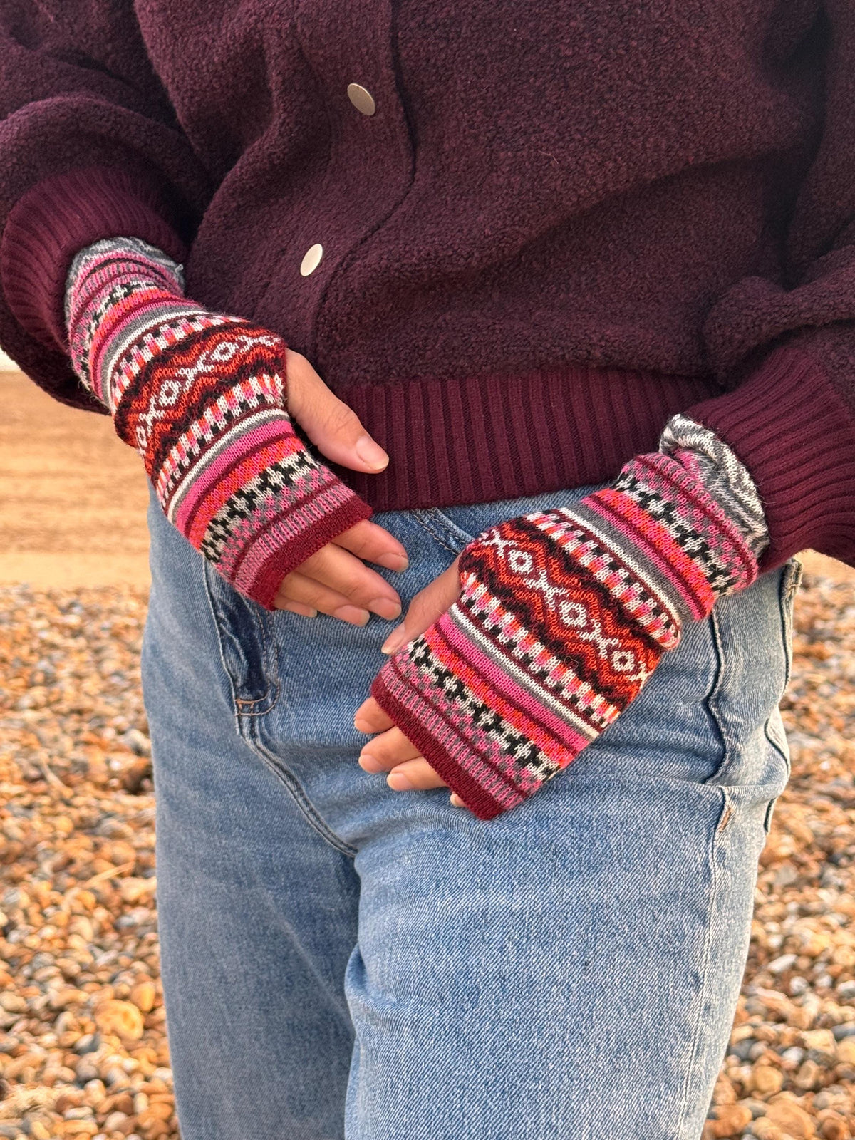 Burgundy & Pink Fair Isle Baby Alpaca Fingerless Gloves, photo 2