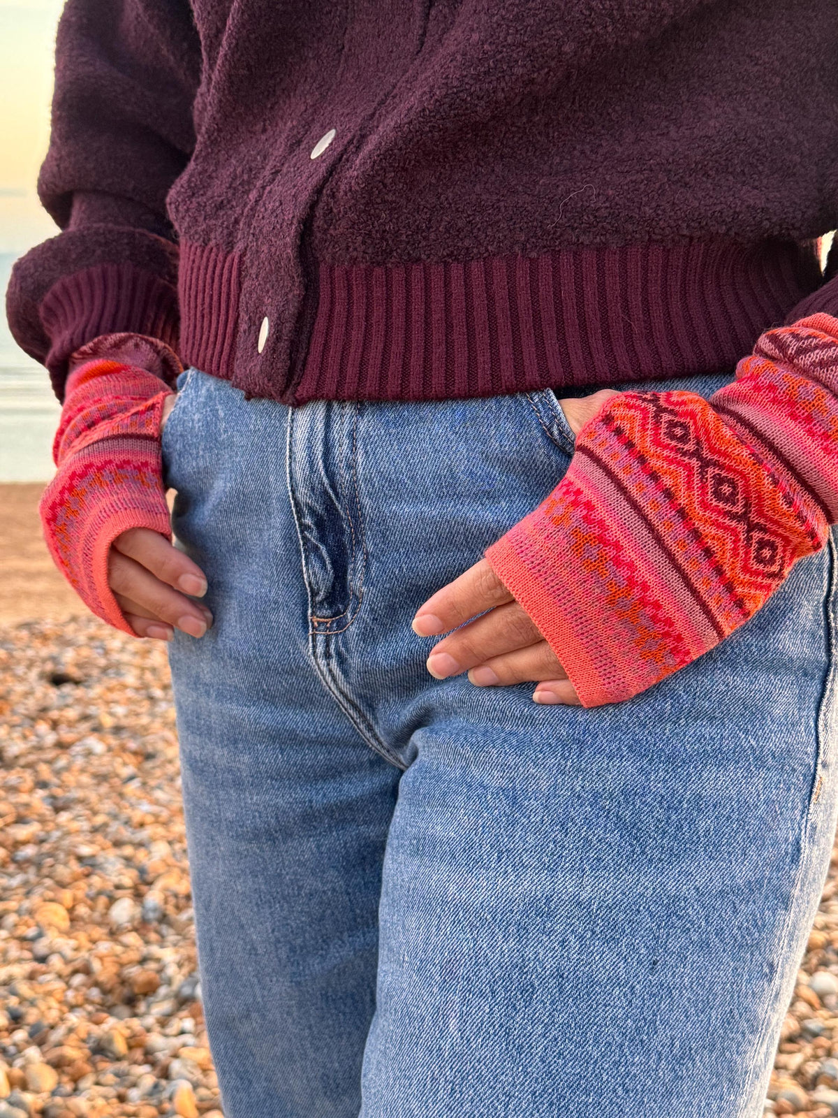 Coral & Burgundy Fair Isle Baby Alpaca Fingerless Gloves, photo 2