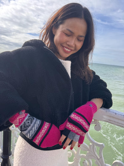 Hot Pink & Neutrals Fair Isle Convertible Alpaca Mittens, photo 2