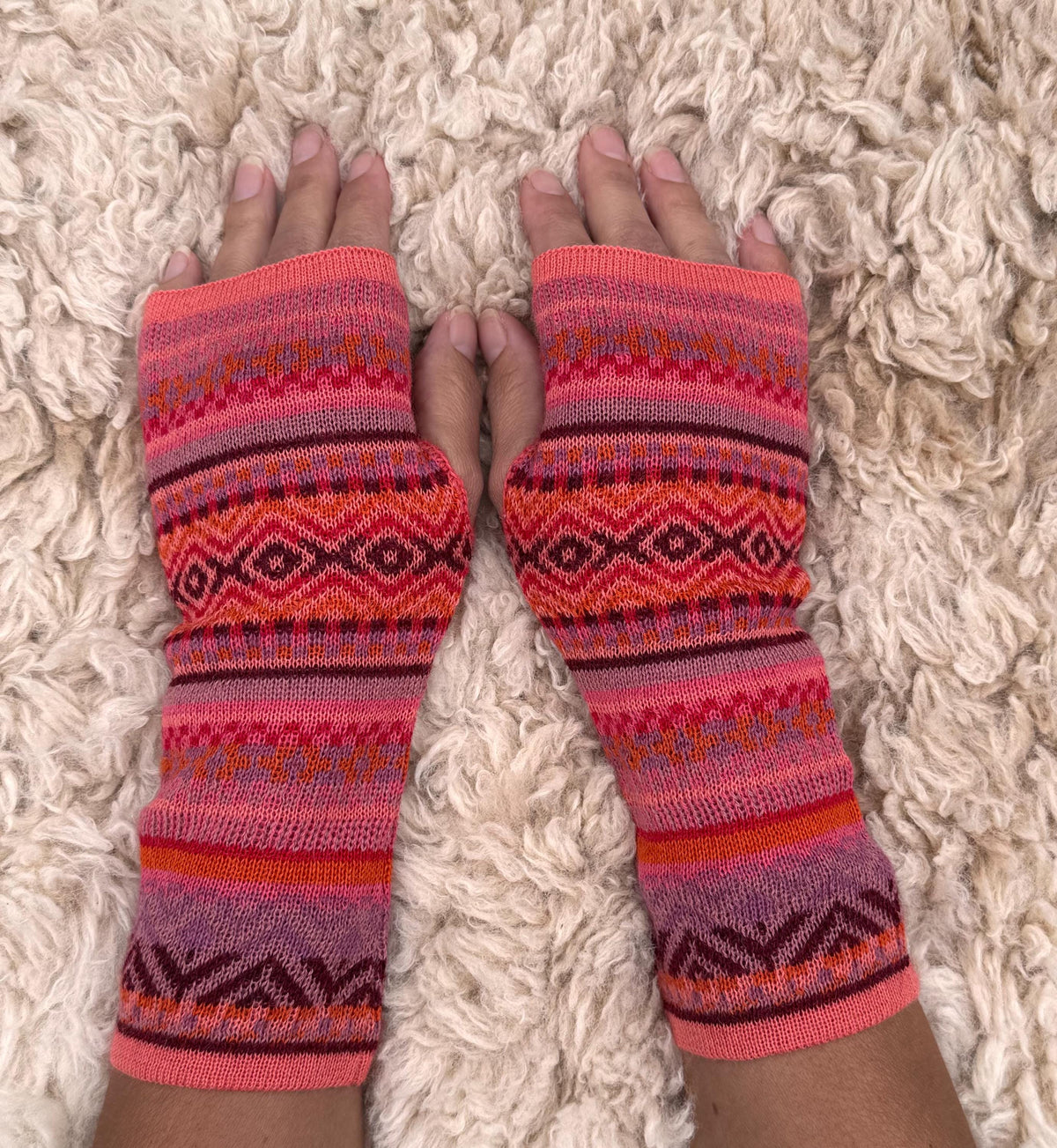 Coral & Burgundy Fair Isle Baby Alpaca Fingerless Gloves