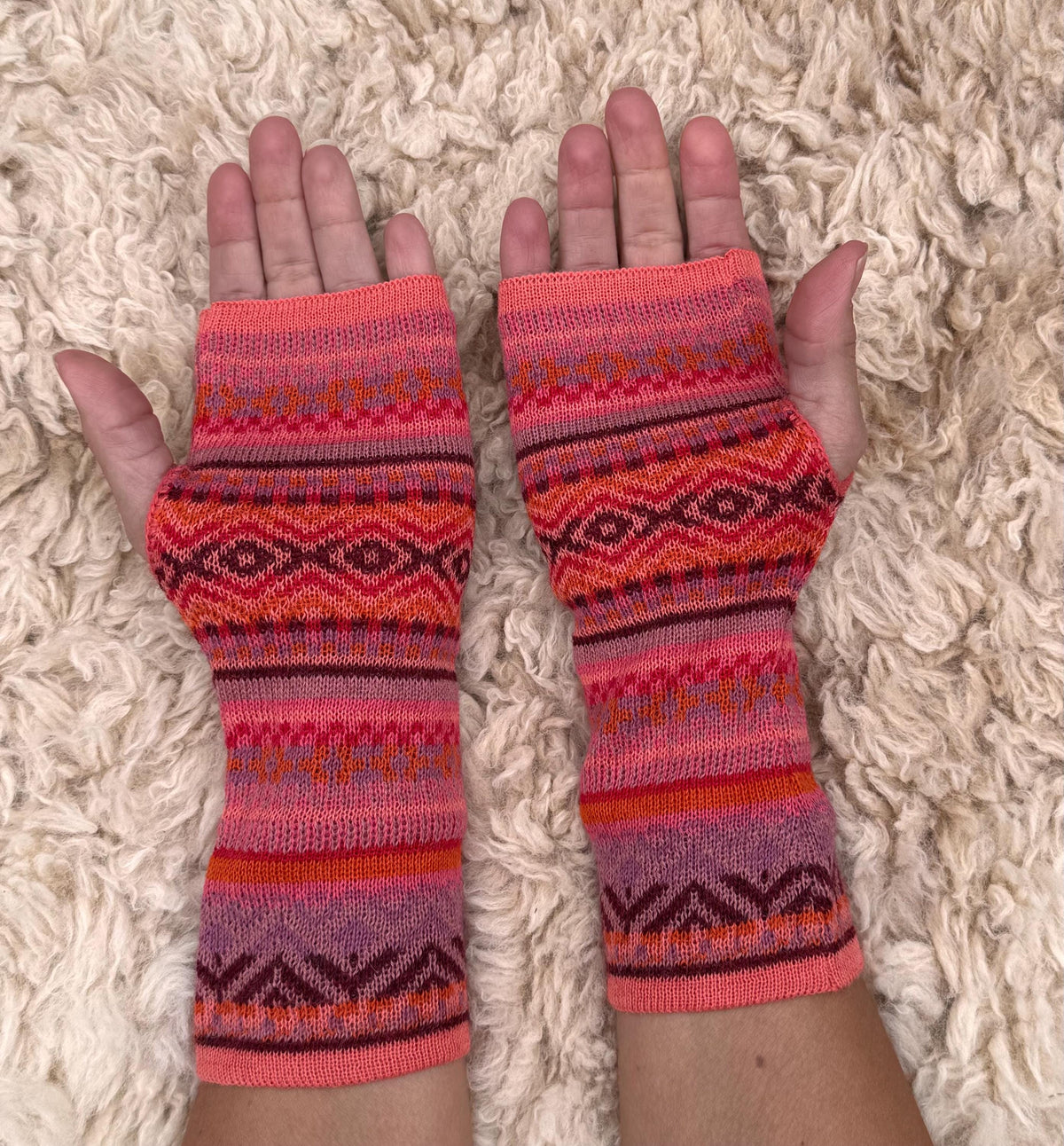 Coral & Burgundy Fair Isle Baby Alpaca Fingerless Gloves, photo 6