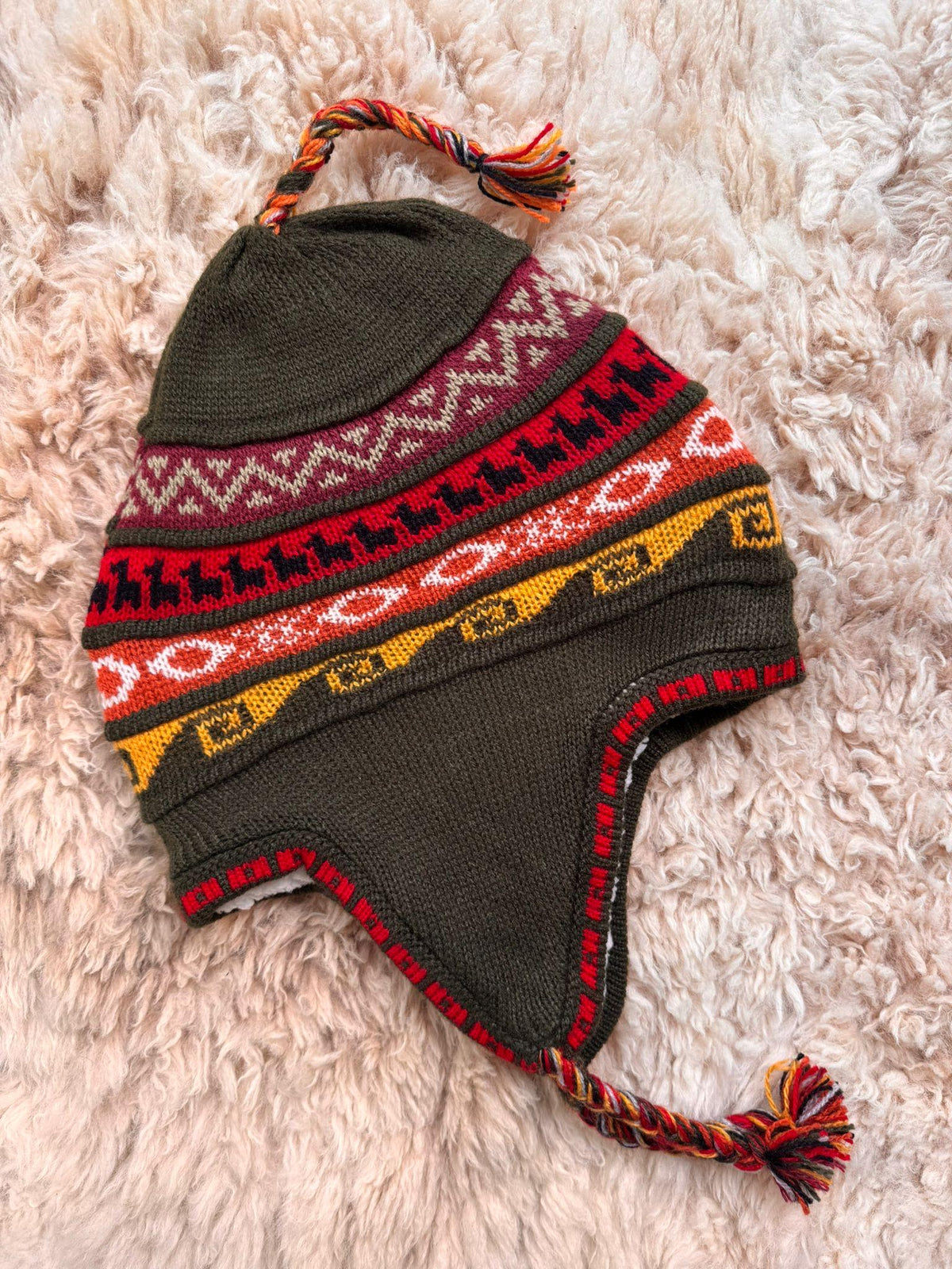 Olive Green Fleece-Lined Alpaca Chullo Hat