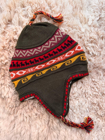 Olive Green Fleece-Lined Alpaca Chullo Hat