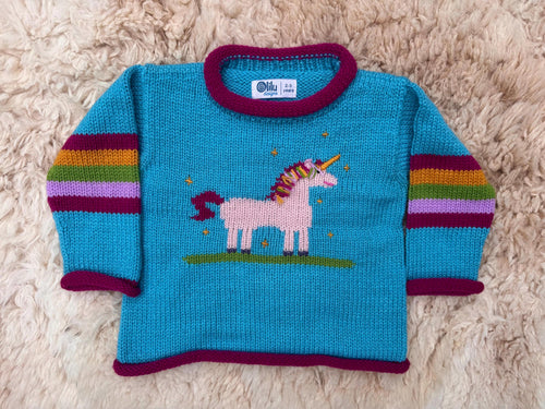 Turquoise Unicorn Hand-Embroidered Alpaca Kids Jumper
