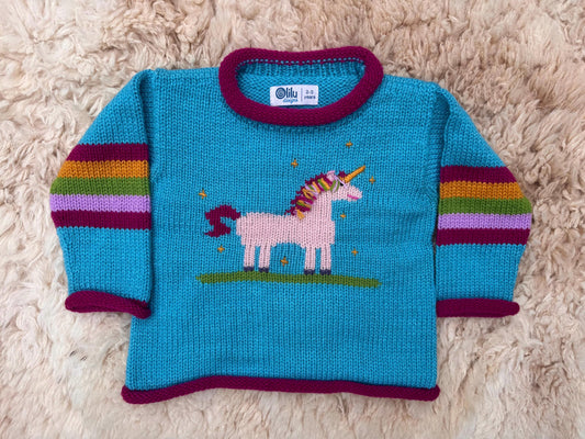 Turquoise Unicorn Hand-Embroidered Alpaca Kids Jumper