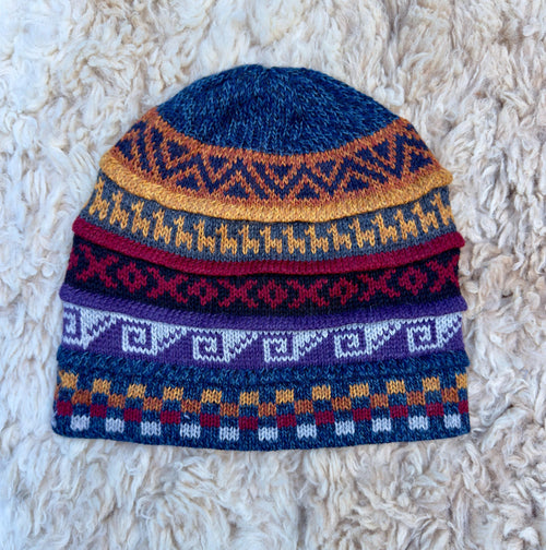 Blue Reversible Llama Fair Isle Alpaca Beanie