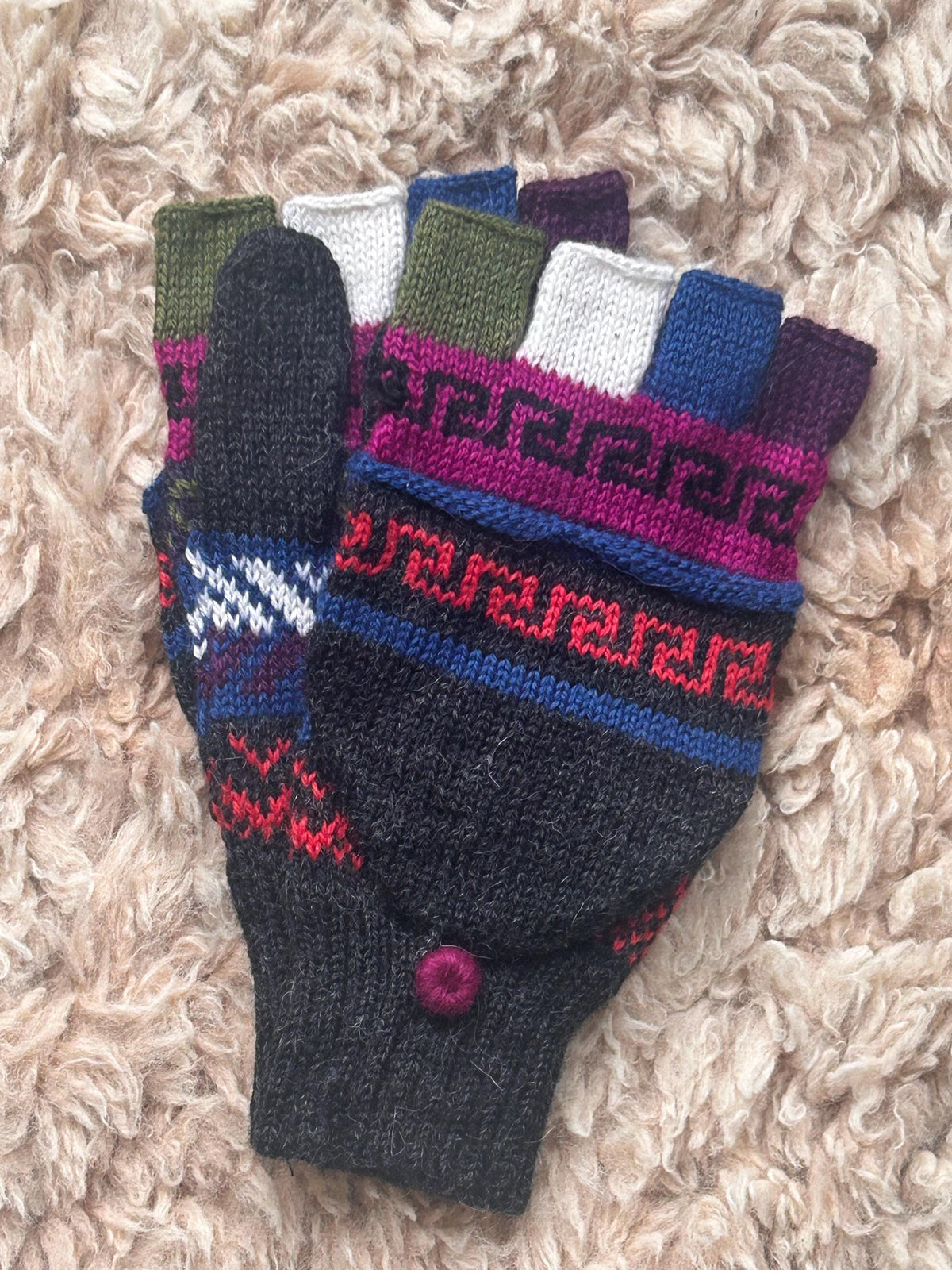 Hot Pink & Olive Fair Isle Convertible Alpaca Mittens, photo 6