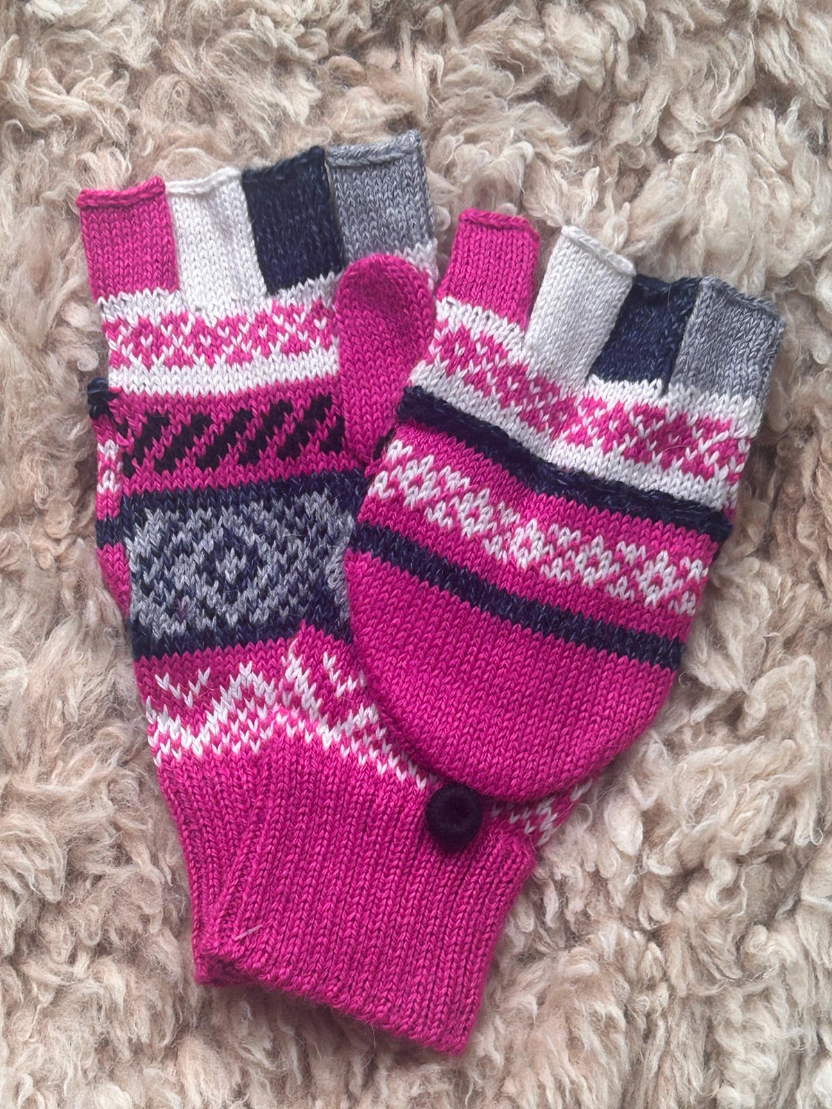 Hot Pink & Olive Fair Isle Convertible Alpaca Mittens