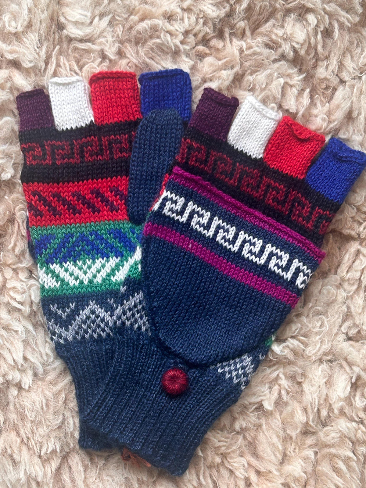 Navy & Raspberry Greek Key Convertible Alpaca Mittens