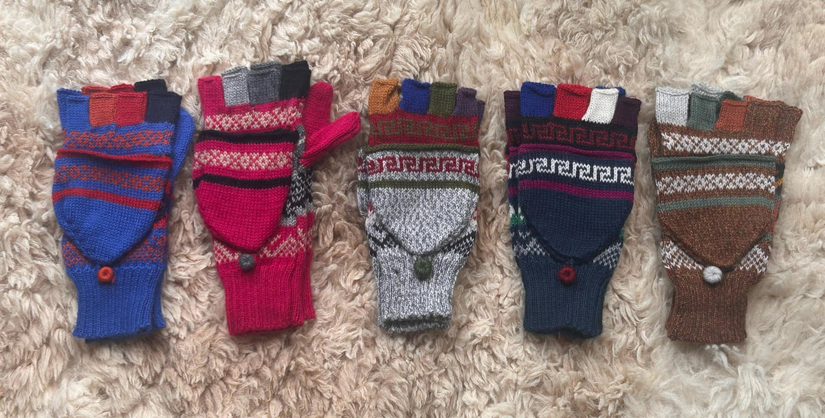 Navy & Raspberry Greek Key Convertible Alpaca Mittens, photo 2