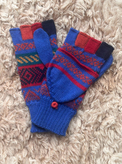 Navy & Raspberry Greek Key Convertible Alpaca Mittens, photo 3