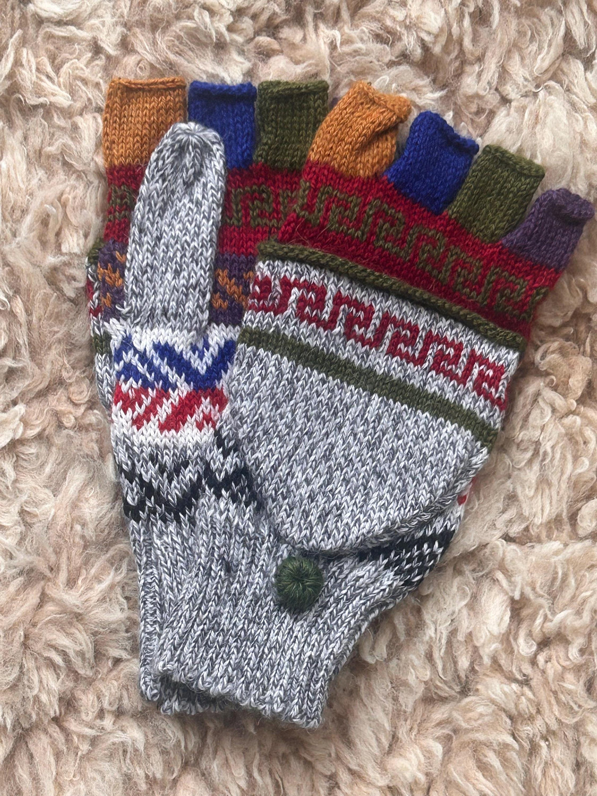 Navy & Raspberry Greek Key Convertible Alpaca Mittens, photo 5