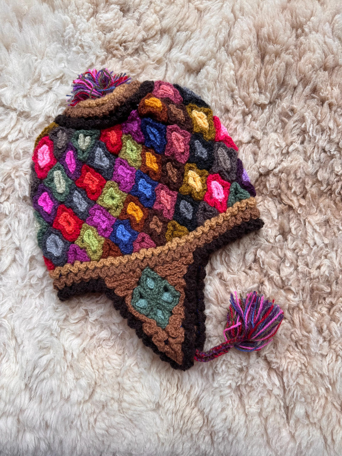 Mosaic Diamond Alpaca Chullo Hat - Brown & Pink