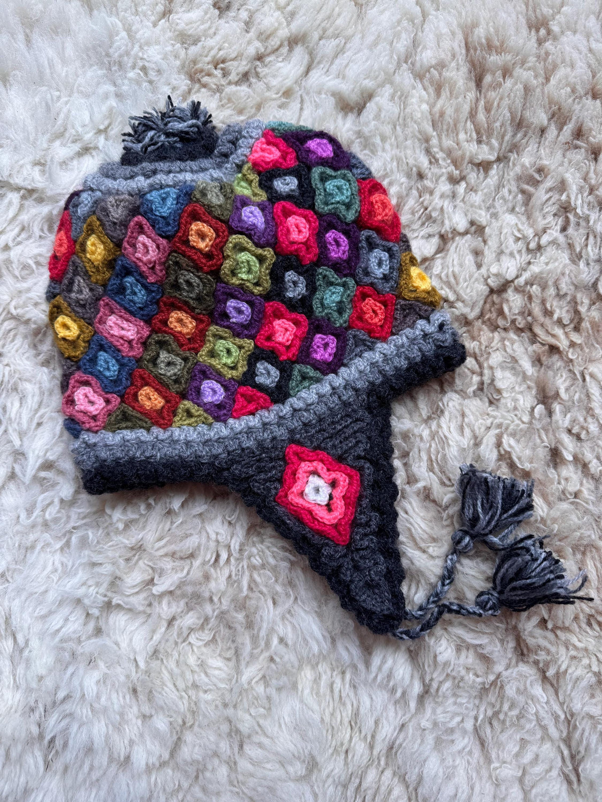 Mosaic Diamond Alpaca Chullo Hat - Charcoal Brights